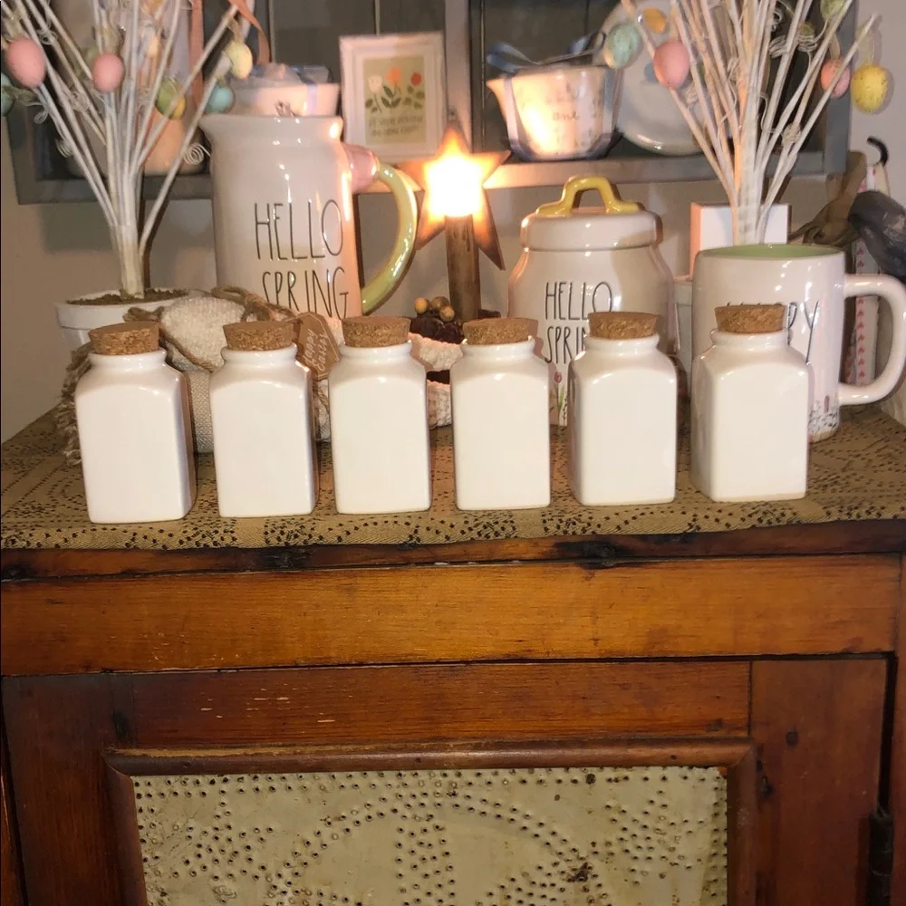 Rae Dunn Cream Ceramic Spice Jars with Colorful Floral Accents